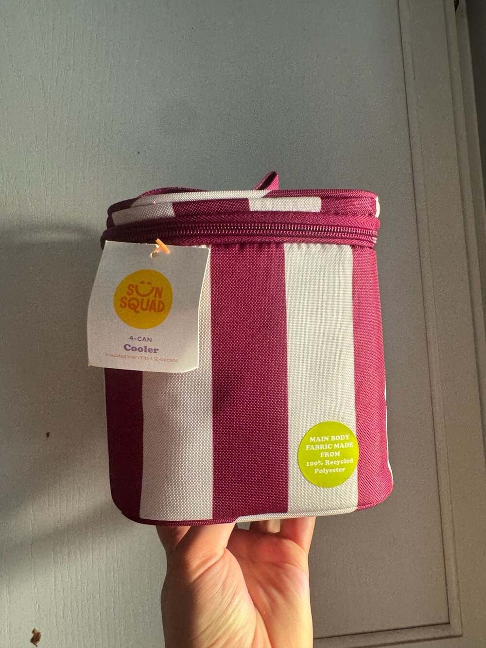 Sun Squad 4-Can Cooler Pink and White Striped Insulated Bag